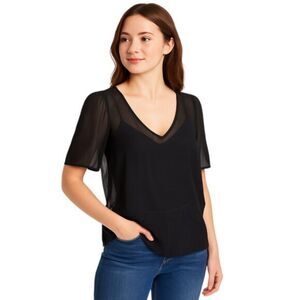 Express Small Black Sheer Blouse Deep V-Neck Short Puff Sleeve High Low Hem